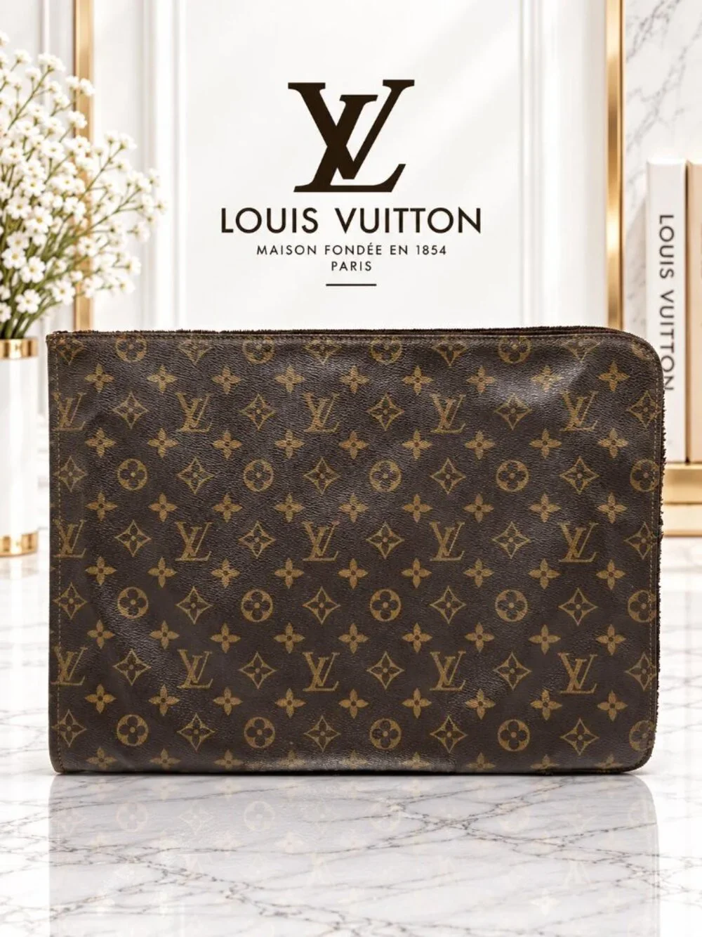 Authentic Louis Vuitton Pochette Voyage Monogram Canvas Clutch Pouch Brown
